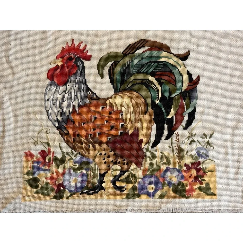 Vintage Cross Stitch Rooster No Framed 12”x17” Wall Farmhouse Rustic Home Decor